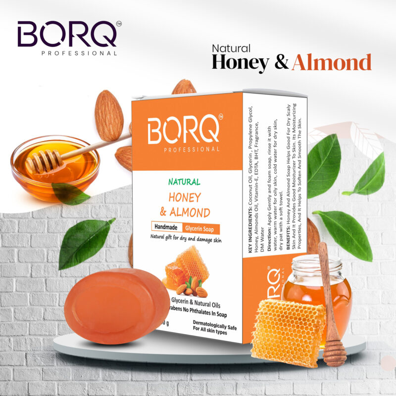 BORQ Honey & Almond Handmade Glycerin Bath Soap 100gm | Natural gift for dry and damage skin | 98% Pure Glycerin & Natural Oils | No Parabens, No Harmful Chemicals | for All Skin Types - Image 4