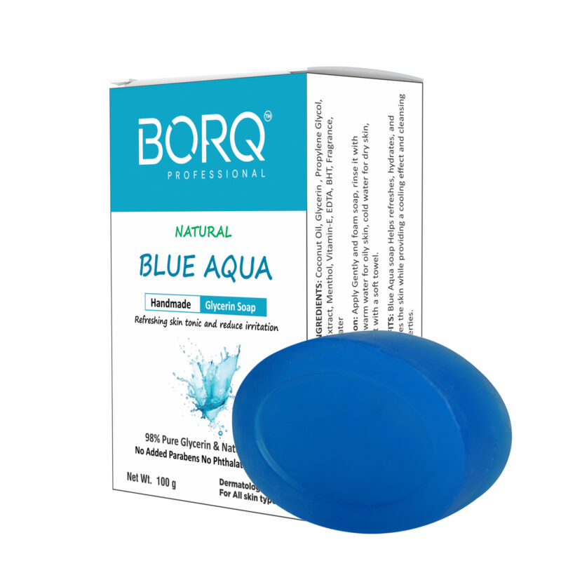BORQ Blue Aqua Handmade Glycerin Bath Soap 100gm | Refreshing skin tonic and reduce irritation | 98% Pure Glycerin & Natural Oils | No Parabens, No Harmful Chemicals | for All Skin Types