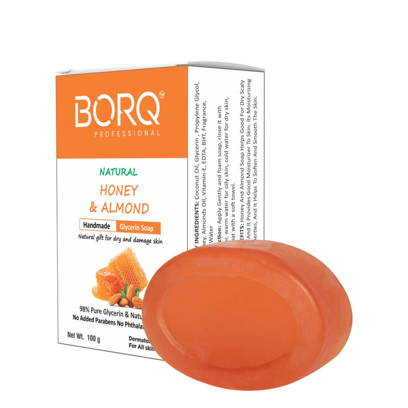 BORQ Honey & Almond Handmade Glycerin Bath Soap 100gm | Natural gift for dry and damage skin | 98% Pure Glycerin & Natural Oils | No Parabens, No Harmful Chemicals | for All Skin Types