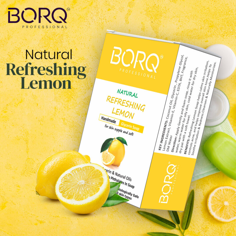 BORQ Refreshing Lemon Handmade Glycerin Bath Soap 100gm | for skin supple and soft | 98% Pure Glycerin & Natural Oils | No Parabens, No Harmful Chemicals | for All Skin Types - Image 4