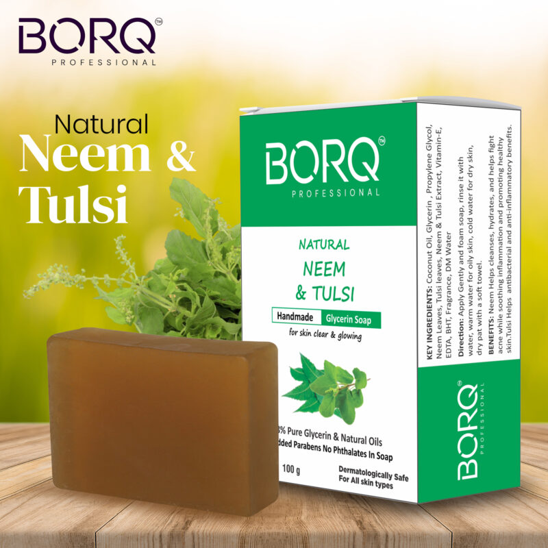 BORQ Neem & Tulsi Handmade Glycerin Bath Soap 100gm | for skin clear & glowing | 98% Pure Glycerin & Natural Oils | No Parabens, No Harmful Chemicals | for All Skin Types - Image 3