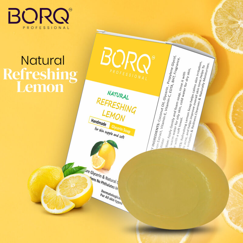 BORQ Refreshing Lemon Handmade Glycerin Bath Soap 100gm | for skin supple and soft | 98% Pure Glycerin & Natural Oils | No Parabens, No Harmful Chemicals | for All Skin Types - Image 3