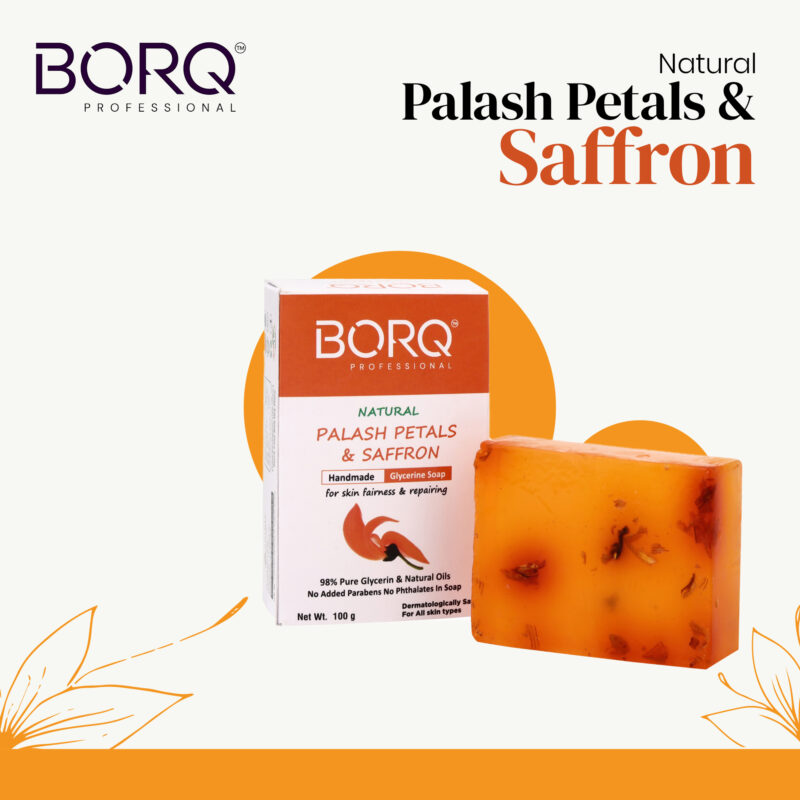 BORQ Palash Petals & Saffron Glycerin Bath Soap 100gm | For skin cleansing & moisturizing | 98% Pure Glycerin & Natural Oils | No Parabens, No Harmful Chemicals | for All Skin Types - Image 3