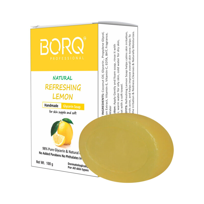 BORQ Refreshing Lemon Handmade Glycerin Bath Soap 100gm | for skin supple and soft | 98% Pure Glycerin & Natural Oils | No Parabens, No Harmful Chemicals | for All Skin Types