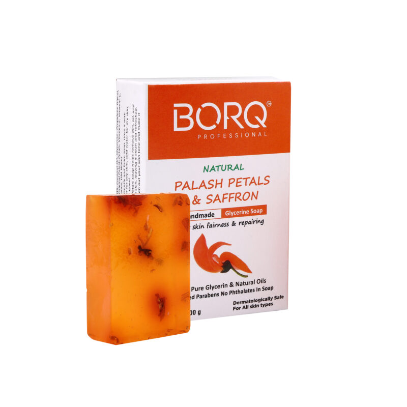 BORQ Palash Petals & Saffron Glycerin Bath Soap 100gm | For skin cleansing & moisturizing | 98% Pure Glycerin & Natural Oils | No Parabens, No Harmful Chemicals | for All Skin Types