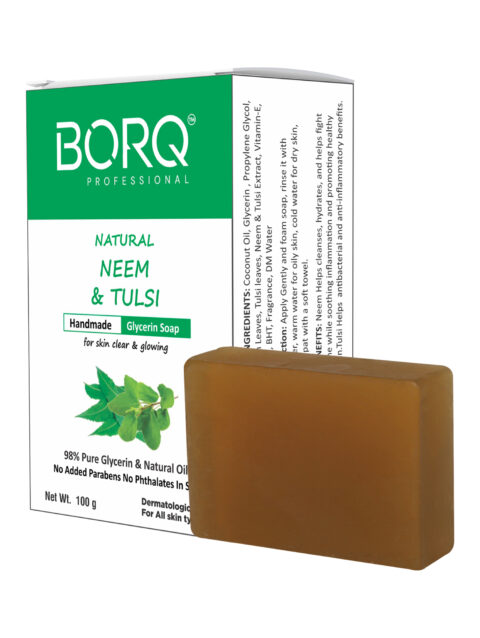 BORQ Neem & Tulsi Handmade Glycerin Bath Soap 100gm | for skin clear & glowing | 98% Pure Glycerin & Natural Oils | No Parabens, No Harmful Chemicals | for All Skin Types