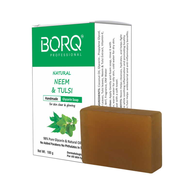 BORQ Neem & Tulsi Handmade Glycerin Bath Soap 100gm | for skin clear & glowing | 98% Pure Glycerin & Natural Oils | No Parabens, No Harmful Chemicals | for All Skin Types