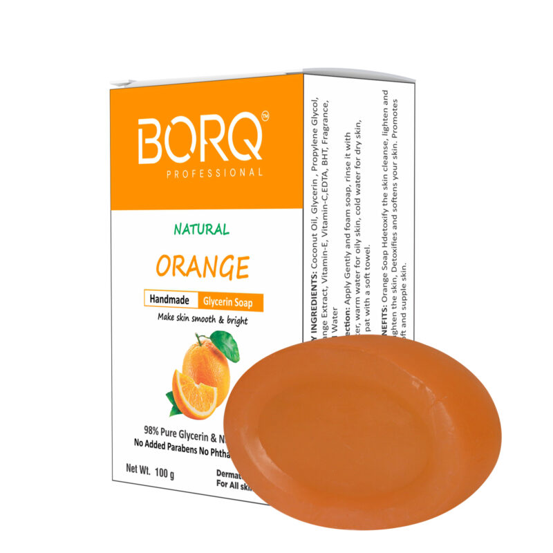 BORQ Orange Handmade Glycerin Bath Soap 100gm | Make skin smooth & bright | 98% Pure Glycerin & Natural Oils | No Parabens, No Harmful Chemicals | for All Skin Types