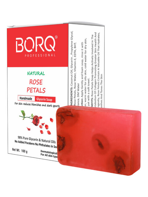 BORQ Rose Petals Handmade Glycerin Bath Soap 100gm | For skin reduces blemishes and dark sports | 98% Pure Glycerin & Natural Oils | No Parabens, No Harmful Chemicals | for All Skin Types