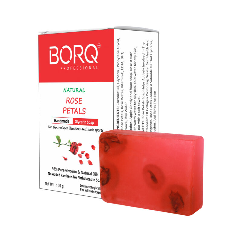 BORQ Rose Petals Handmade Glycerin Bath Soap 100gm | For skin reduces blemishes and dark sports | 98% Pure Glycerin & Natural Oils | No Parabens, No Harmful Chemicals | for All Skin Types